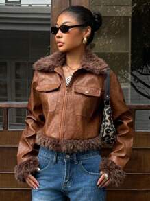 Muchica 女式复古仿皮拼布PU皮夹克，秋冬 - 棕色 - 查看 3