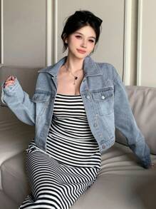 DAZY 女式落肩长袖休闲宽松牛仔夹克，秋季女装 - 淺色水洗藍 - 查看 2