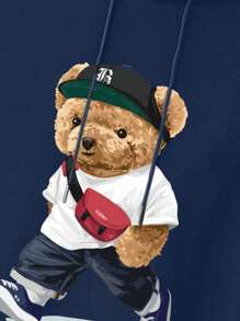 100% Felpa con cappuccio in cotone da uomo con stampa di orso e coulisse