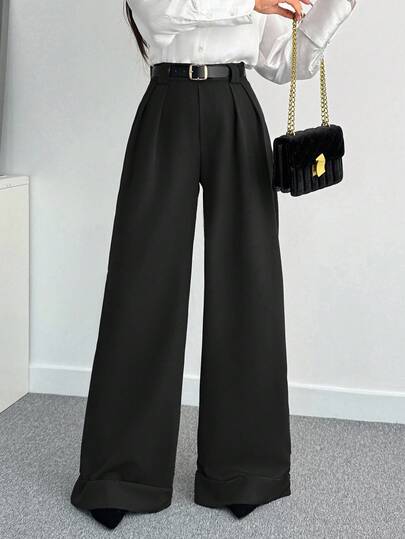 SHEIN PETITE Petite Size Women Solid Color High Waist Wide Leg Pants