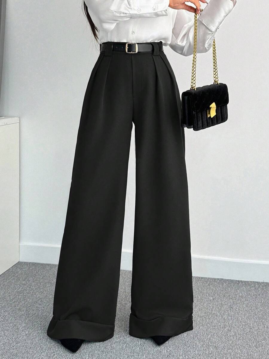 SHEIN Tall 女士纯色高腰阔腿裤 - 黑色 - 查看 1