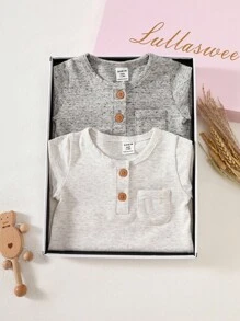 SHEIN 2 件新生儿男女款短袖连体衣，纯色连体衣，柔软舒适的服装，可作为礼物，每个宝宝的必备品，适合所有季节和户外