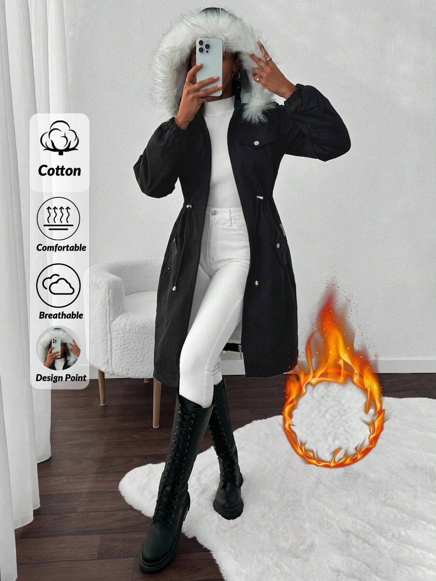 EURMUSE 女士可拆卸毛领连帽衬里大衣、派克大衣、厚重