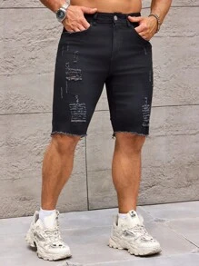 Manfinity Homme 男式破洞毛边牛仔短裤 - 黑色 - 查看 7