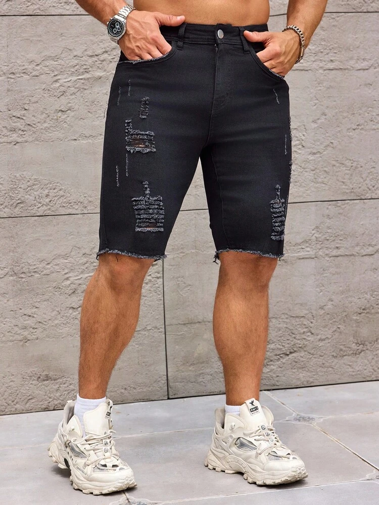 Men Ripped Frayed Raw Hem Denim Shorts Jorts