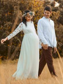 SHEIN Autumn And Winter BOHO Pregnant Women's Contrast Lace Long Sleeve Elegant Dress - White - View 7