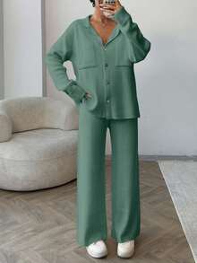 EURMUSE Women Solid Color Collar Neck Front Button Pocket Detailed Pullover & Sweater Pants Set,Winter Clothes - Mint Green - View 6