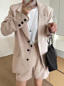 DAZY 女士翻领长袖单排扣西装外套和短裤休闲套装商务装 - 卡其色 - 查看 7