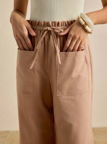 INAWLY Women's Casual Solid Color Cotton Pants With Pockets Fall Cloth For Women - Brown - View 5