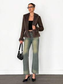 SHEIN Tall Women's Long Sleeve Open Front Faux Fur Fashion Jacket Women Brown Jacket In Fall/Winter - Brown - View 5