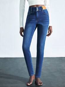 Maija 女士休闲修身保暖牛仔裤 女士蓝色天鹅绒高腰修身打底裤 舒适高弹牛仔保暖裤 冬季休闲装 - 深色水洗藍 - 查看 6