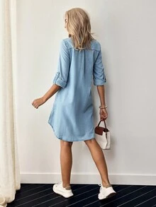 EMERY ROSE Women Casual V-Neck Single-Breasted Cuffed Sleeves Denim Dress