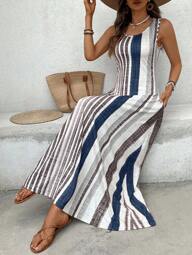 Breezaya Vestido Longo Casual de Gola Redonda com Bolso Listrado Feminino, Verão