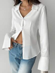 Elenzga 大码女式单排扣休闲修身白色喇叭袖衬衫 - 白色 - 查看 3