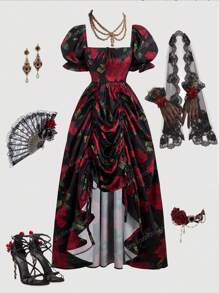 SHEIN MOD 复古印花泡泡袖长裙，搭配精致荷叶边和抽绳，下摆长度可调，华丽宫廷风，适合约会、派对、节日、茶会、生日等场合穿着 - 彩色 - 查看 1