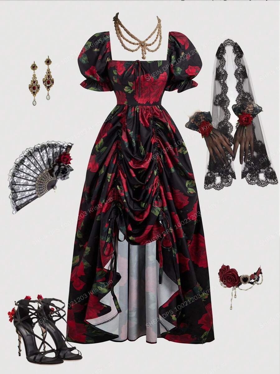 SHEIN MOD 复古印花泡泡袖长裙，搭配精致荷叶边和抽绳，下摆长度可调，华丽宫廷风，适合约会、派对、节日、茶会、生日等场合穿着 - 彩色 - 查看 1