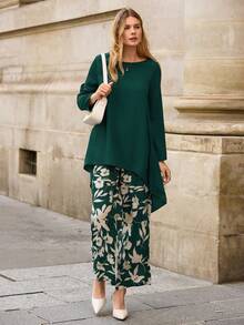 EMERY ROSE 2 件女式不对称下摆长袖上衣和宽松裤子套装女式秋季套装 - 綠色 - 查看 5