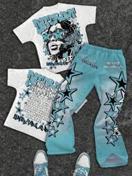 SHEIN Bolty Tween Boy Casual Classic Cool Character Portrait & Text Print Crew Neck T-Shirt, Star Print Flare Pants 2 Pieces Set, Suitable For Summer
