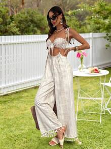 KARISMINA 2 件套女士夏季燕麦格纹绑带亚麻混纺流苏波西米亚抹胸和裤子套装节日服装图卢姆巴厘岛度假服装瑜伽女神昆达里尼裤西部流苏狂欢套装两件套女士外出度假夏装女士 - 彩色 - 查看 2