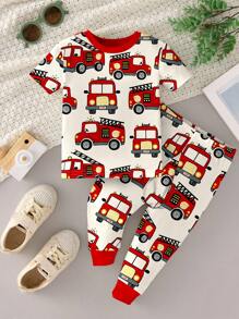 Toddler Boys Round Neck Short Sleeve Long Pajama Set Featuring Fun Cartoon Fire Truck Pattern Baby Boy Fire Truck Clothes Toddler Fire Truck Pajamas Baby Boy Firetruck Outfit 2 Piece Baby Boy Pajamas Boys Pajama Set Cotton