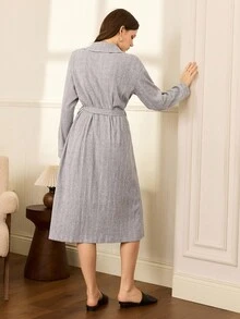 女式休闲优雅撞色翻领拉绒长袍，秋季 - 灰色 - 查看 2