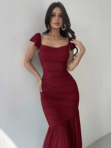 Firerie 女士优雅褶饰系腰绿色网眼紧身荷叶边下摆连衣裙，适合派对、度假、音乐节、婚礼季、早午餐、圣帕特里克节、波西米亚风女式长裙、仙女风、度假装、女士毕业礼服、女士沙滩装、女士机场装 - 酒紅色 - 查看 5