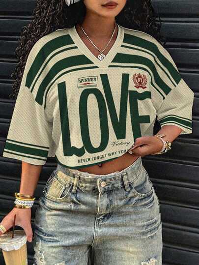 Slaydiva 大码女式 V 领宽松短款 5/短袖网眼 T 恤，街头服饰/返校/短款上衣/网眼上衣/Y2K/情书印花短袖 T 恤，适合运动/夏季