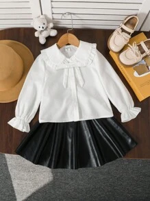 Set de 2 piezas de camisa casual de unicolor tejida y minifalda PU para niña joven - Blanco - Ver 2