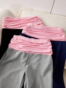 3 件套青少年女孩宽松直筒运动裤，腰带拼接撞色高弹针织面料，褶饰侧边，休闲裤，秋季 - 彩色 - 查看 3