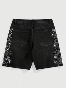 ROMWE MEN Street Life 男士夏季时尚水钻装饰牛仔七分短裤 - 黑色 - 查看 2