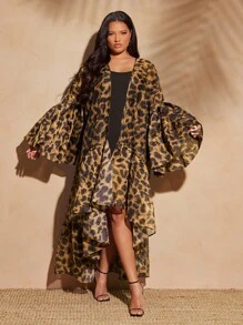 Vixey Áo kimono dáng rộng dành cho nữ cỡ lớn, chất liệu organza mỏng, họa tiết da báo, có bèo nhún ở gấu, thích hợp mặc đi biển hoặc mùa hè. - Màu nâu  Mocha - Xem 4