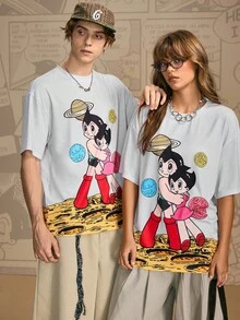 Astro Boy X SHEIN Men's 1pc Cartoon Figure Graphic Round Neck Drop Shoulder Oversize Short Sleeve T-Shirt - Grey - View 5