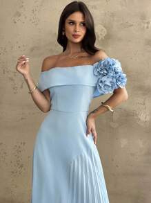 Firerie Damen elegantes, anspruchsvolles, romantisches, modisches, würdevolles plissiertes Kleid mit hoher Taille, Off-Shoulder A-Linie Schnitt, blau