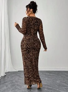 SHEIN Tall CURVE Elegant Fitted Bestselling Fashionable Leopard Print Fabric Long Sleeve Dress, Coffee Color, Plus Size, Spring/Summer/Autumn Fall Cloth For Women - Coffee Brown - View 2