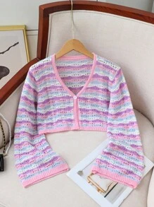 Tween Girls' Cute Colorblock Cardigan Pink Stripe,Autumn,Holiday,Back-To-School Wave Pattern Hollow-Knit Flared Sleeve Sheer Cropped Sweater Cover-Up - Multicolor - View 1