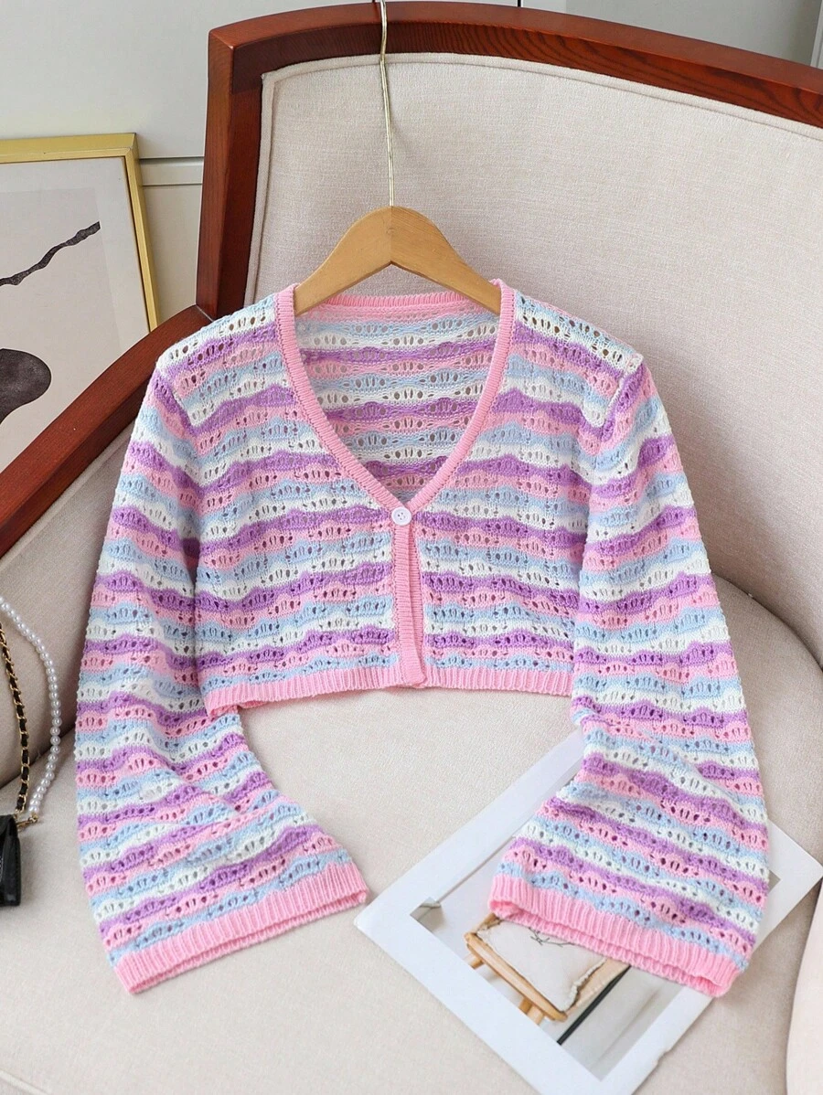 Tween Girls' Cute Colorblock Cardigan Pink Stripe,Autumn,Holiday,Back-To-School Wave Pattern Hollow-Knit Flared Sleeve Sheer Cropped Sweater Cover-Up - Multicolor - View 1