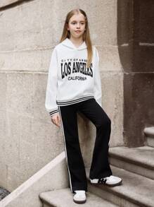 SHEIN Tween Girls Flocked Sweatshirt Two Pieces Set,Letter Print Hoodie & Flared Pants With Stripe Trim,Black And White,Autumn,Casual,School,Back-To-School - White - View 1