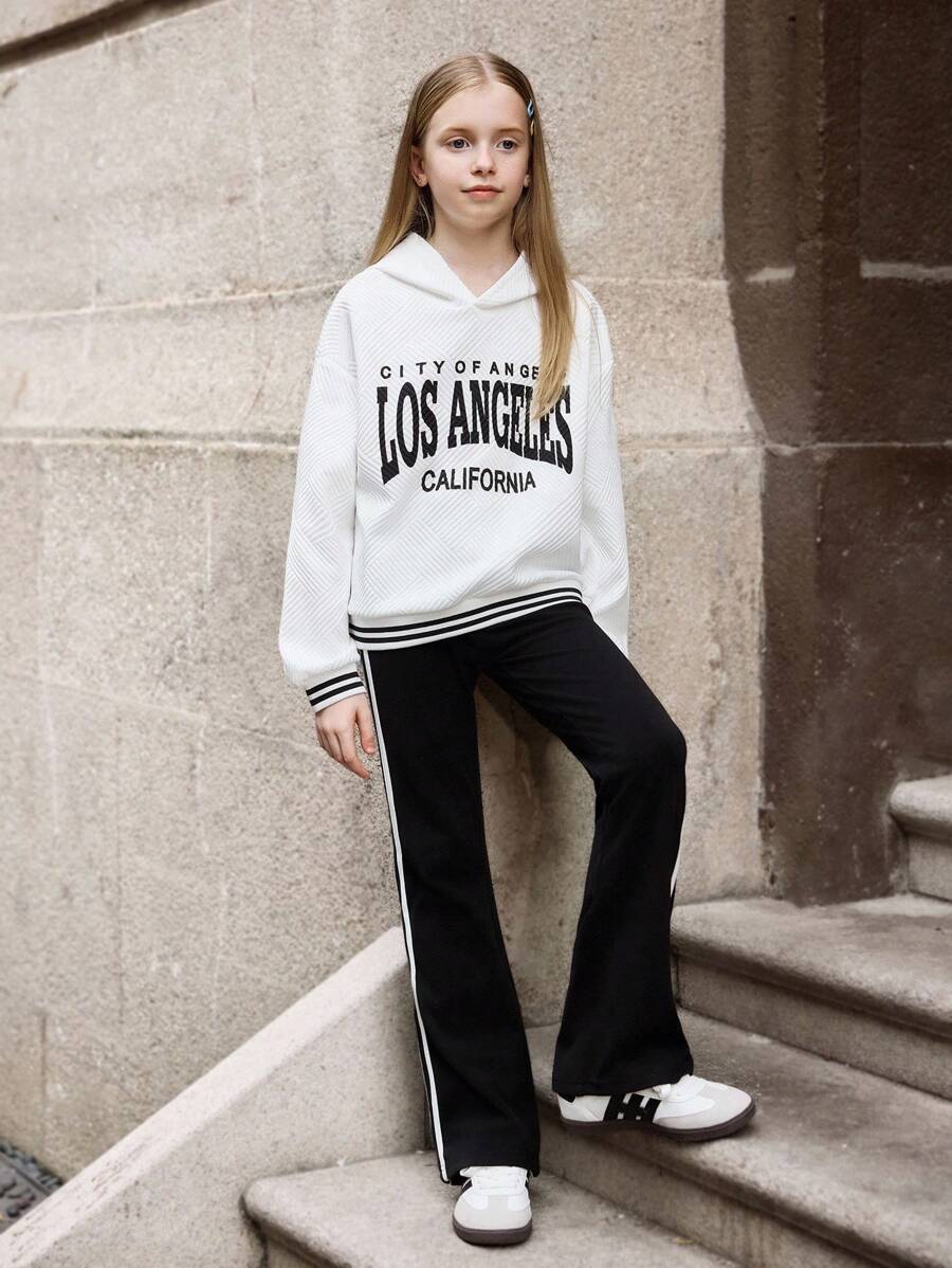 SHEIN Tween Girls Flocked Sweatshirt Two Pieces Set,Letter Print Hoodie & Flared Pants With Stripe Trim,Black And White,Autumn,Casual,School,Back-To-School - White - View 1