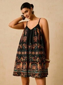 Travachic 加大码复古印花连体裤，深 V 领露背系带彩色复古图案女式度假短裤，全新 - 黑色 - 查看 4