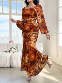 Modelyn Women's Elegant Floral Print Lantern Sleeve Fishtail Dress