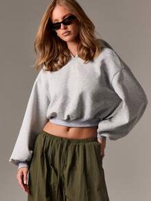 AiiRZ Áo hoodie crop top cỡ lớn thường ngày cho nữ, áo chui đầu có mũ rút dây, thời trang mùa thu đông, đồ mặc nhà, áo nỉ dài tay nhẹ, đồ mặc dạo phố cơ bản - Xám - Xem 4