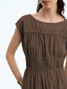 Aalyst 女士优雅简约高端休闲度假无袖连衣裙，褶皱分层设计，竹纤维面料，圆领，收腰，适合办公室、通勤、海滩、音乐节、春夏季 - 咖啡棕 - 查看 6