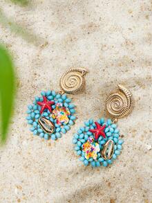 SHEIN SXY 波西米亚风格手工串珠耳环，饰有海龟和贝壳图案