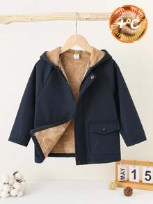 SHEIN 男童插肩袖口袋拉链前襟保暖连帽休闲外套 幼儿冬季外套 男童冬季外套 男童连帽冬季外套 幼儿保暖外套 男童秋季冬季外套 - 藏蓝色 - 查看 5