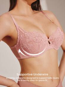 LUVLETTE Full Coverage Support Breathable Underwire Pink Sheer Mesh Lace Elegance Minimizer Bra Sexy Lingrie Bridal Intimates - Pink - View 5