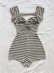 Soleia Plus Size Women's Vacation Knitted Striped Twist Front Keyhole Backless Jumpsuit, Autumn/Winter - Black and White - View 2