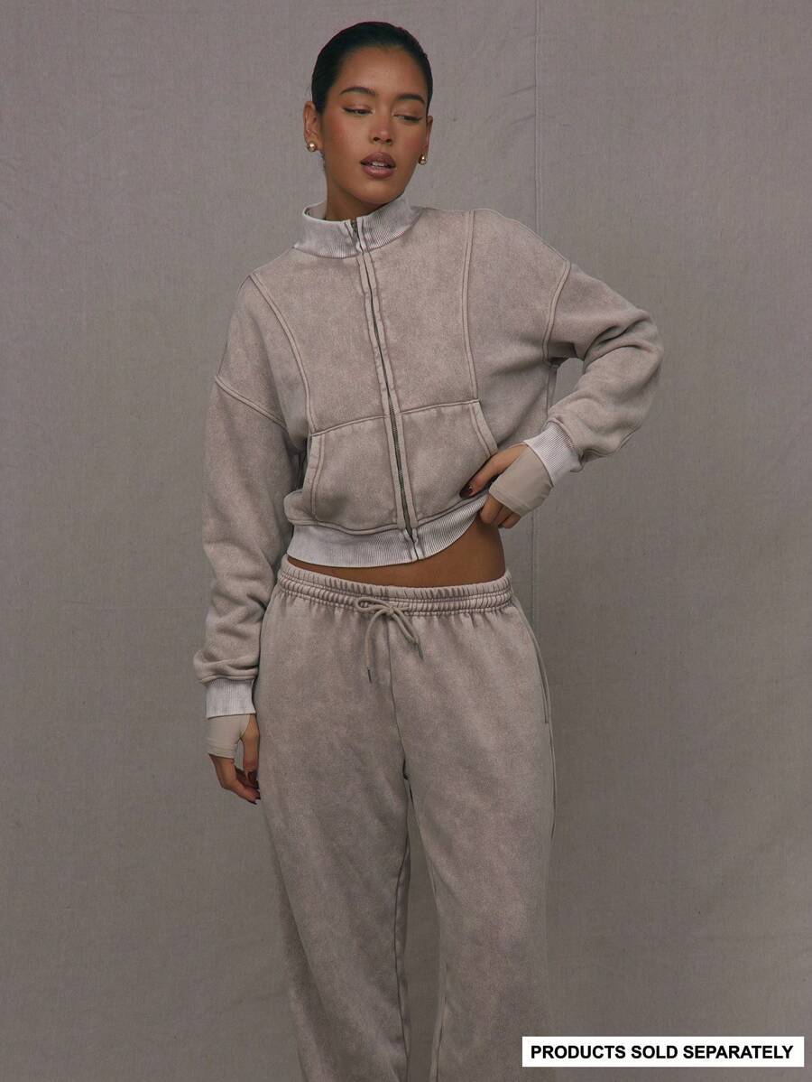 MUSERA Washed Zip Through Jacket Sweatshirt Tracksuit Seam Detail Back To School Autumn Winter Cosy Fall Cute Casual Everyday Capsule Wardrobe Y2K Streetwear Spring Summer Vacation - Brown - View 1