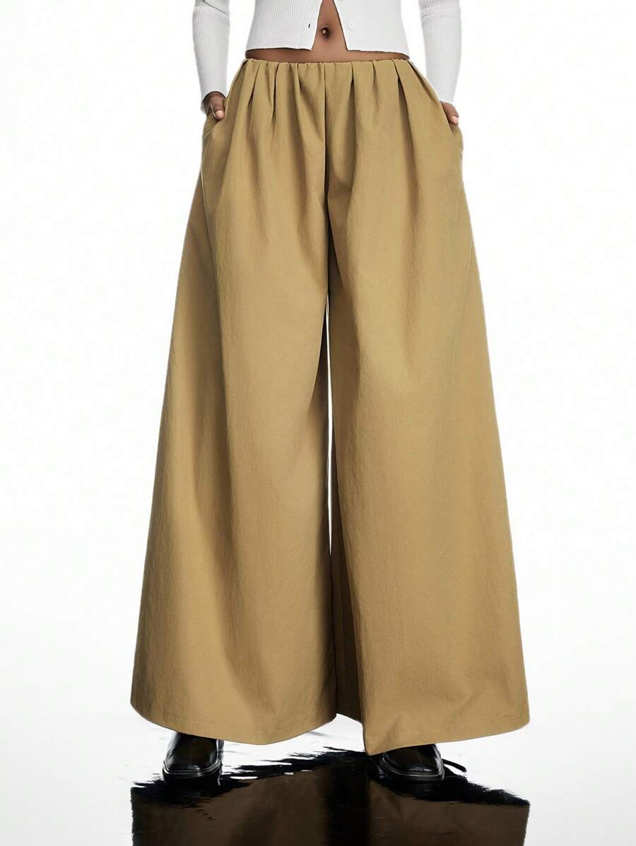 LYSMO 2025 New Arrive Minimalism Fall Women's Solid Color Pleated Pocket Wide Leg Loose Casual Pants - Khaki - View 1