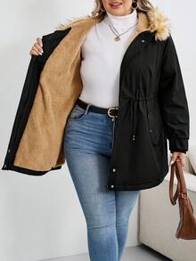 SHEIN CURVE+ 加大码，法兰绒，厚毛领，帽子，束腰棉夹克，黑色休闲女士棉夹克加大码冬季夹克加大码仿皮草夹克 8xl 女士夹克加大码连帽夹克加大码保暖夹克秋季/秋冬 - 黑色 - 查看 3