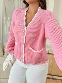 Vionelle Gestrickter Damen Cardigan in Große Größen, süßer und jugendlicher sanfter Stil, minimalistisch, Lässig und vielseitig für den Alltag, Herbst/Winter - Pink - Übersicht 3